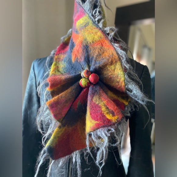 One-of-a-Kind Multi Colored Merino Wool & Mulberry Silk Scarf – Edgy & Artsy 🌈 - Picture 4 of 7
